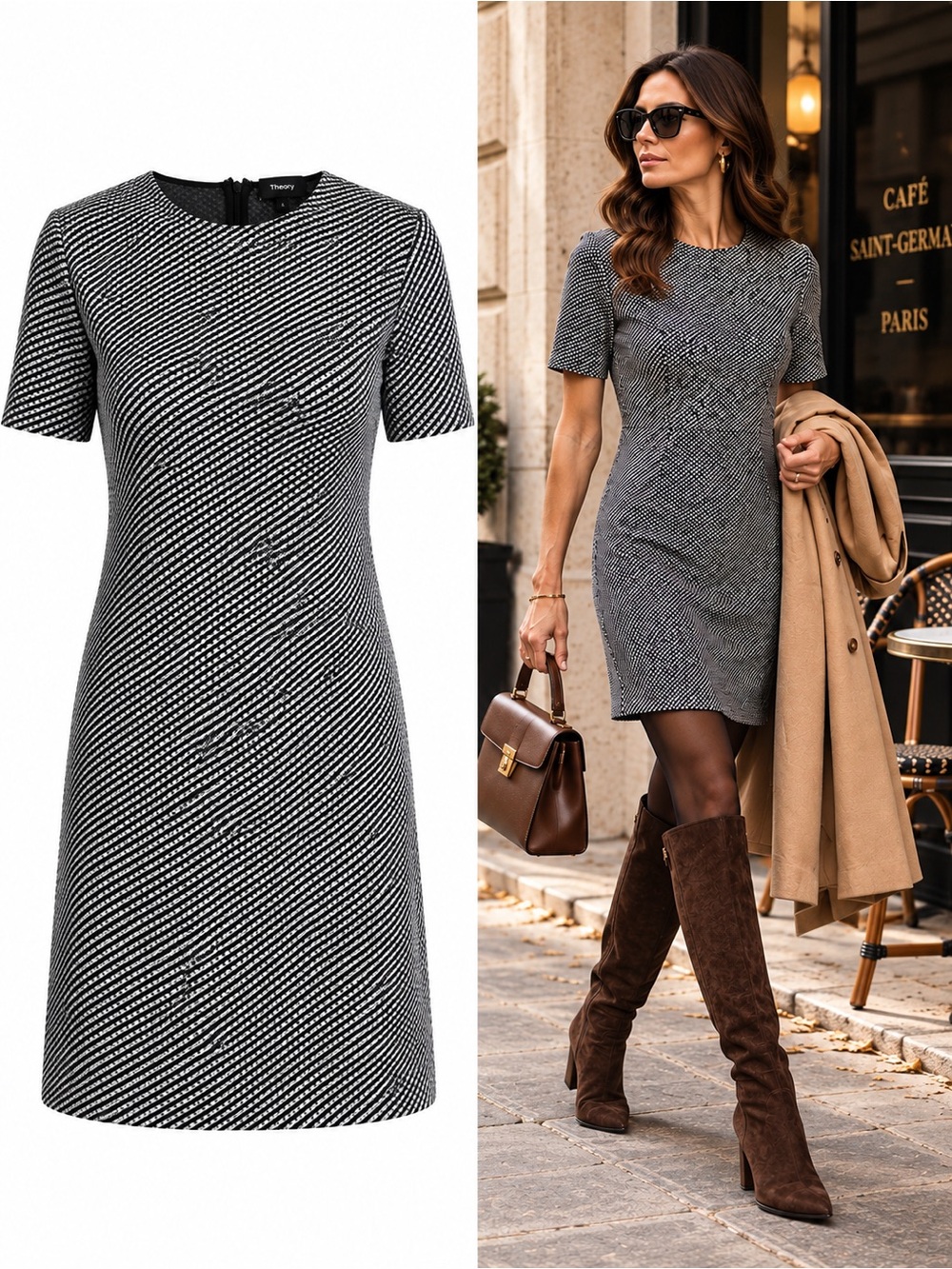Theory Rijik B Claymont Black White Textured Knit Sheath Dress Size 8 NWOT